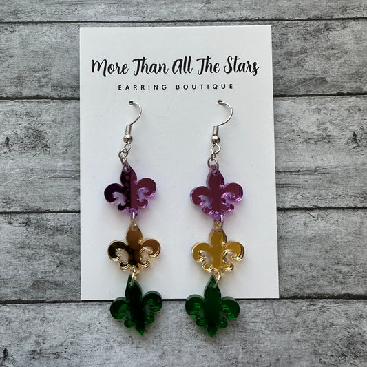 Mardi Gras 3 Layer Fleur De Lis Earrings