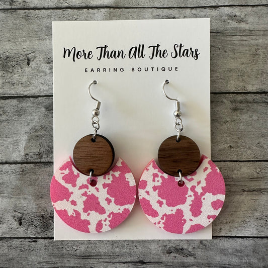 Pink Cow Spot Crescent Circle Earrings