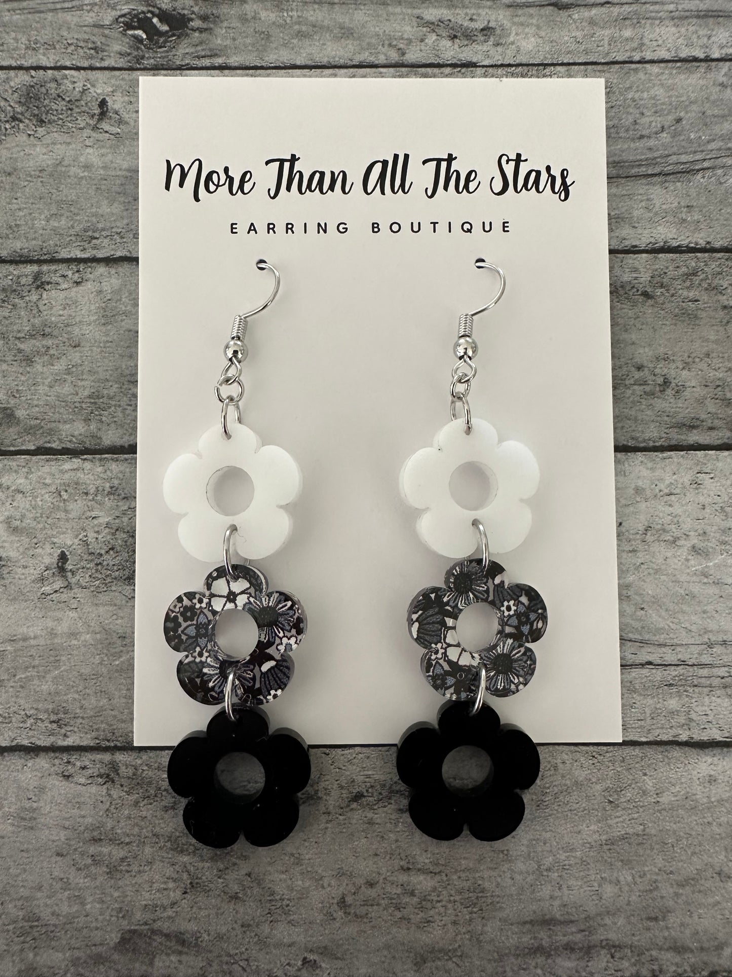 Black and White 3 Layer Flower Earrings