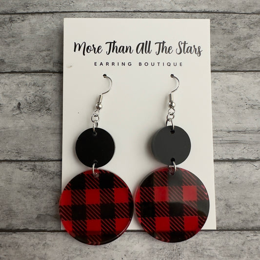 Black and Red Plaid Circle Earrings