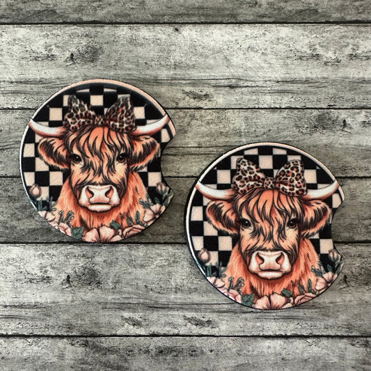 Leopard Bow Highland Cow Neoprene Car Coaster