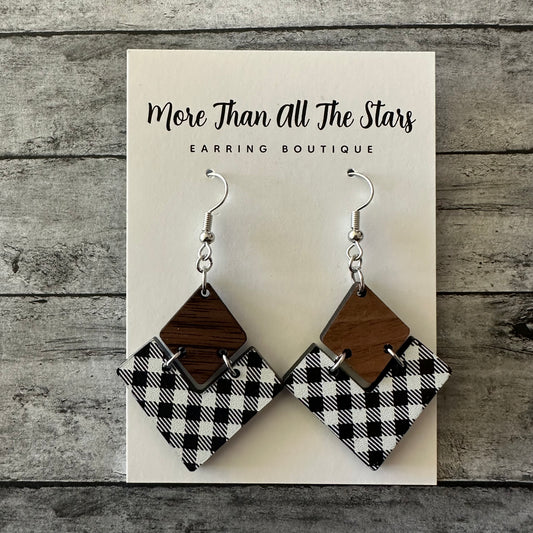 Black and White Plaid Split Triangle Earrings