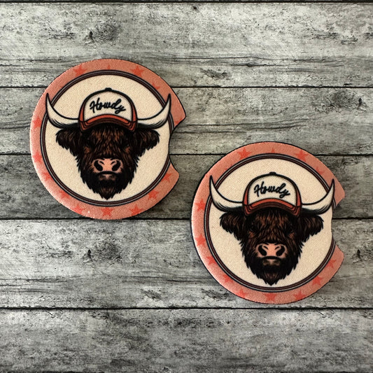 Howdy Highland Cow Neoprene Car Coaster
