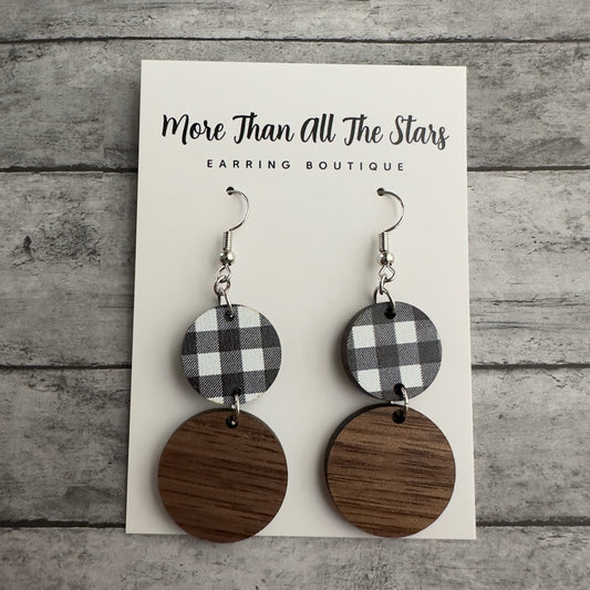 Black and White Plaid Circle Earrings