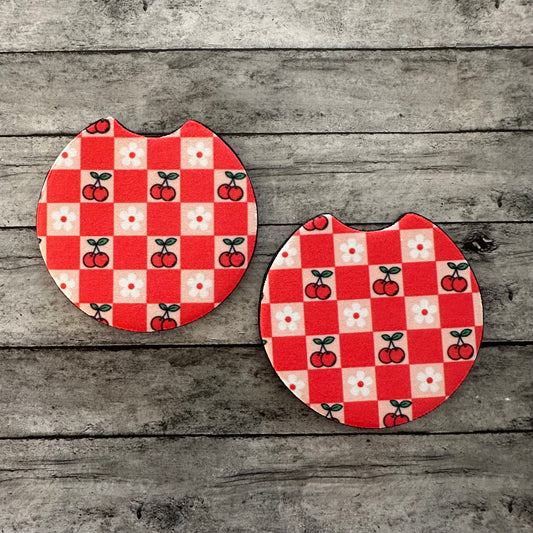Cherry Checkered Neoprene Car Coaster