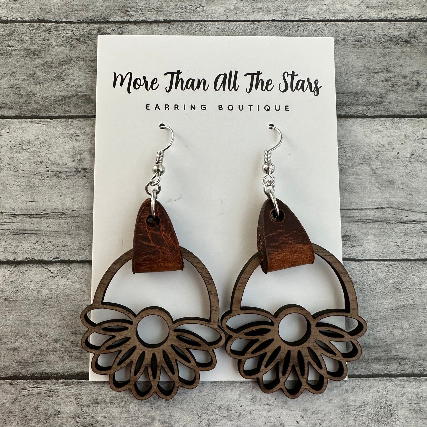 Floral Hoop Wood and Leather Earrings