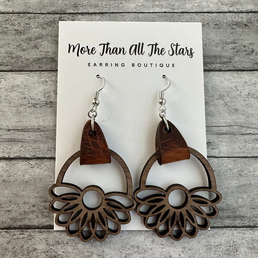 Floral Hoop Wood and Leather Earrings