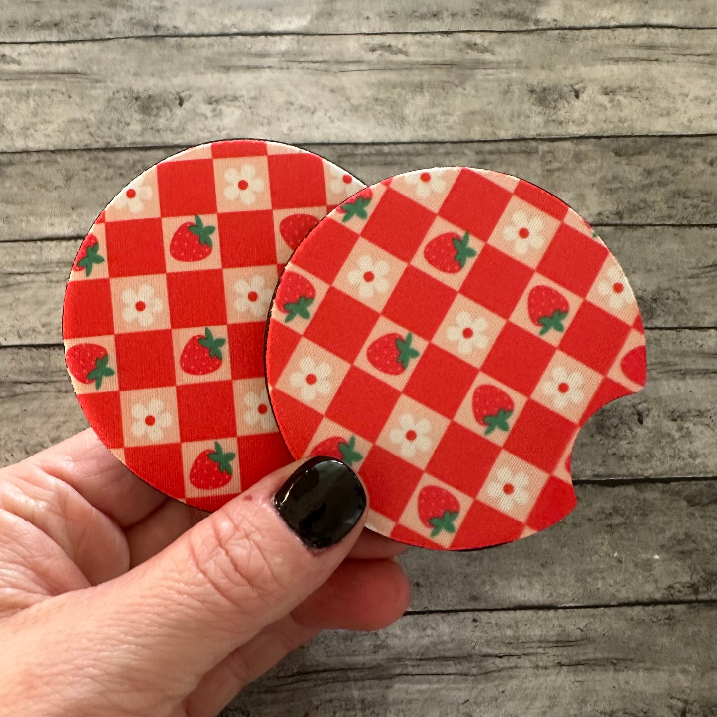 Checkered Strawberry Neoprene Car Coaster