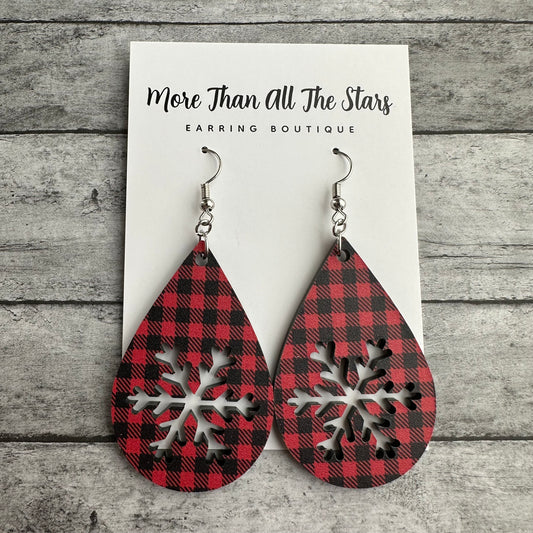 Black and Red Plaid Cutout Snowflake Earrings