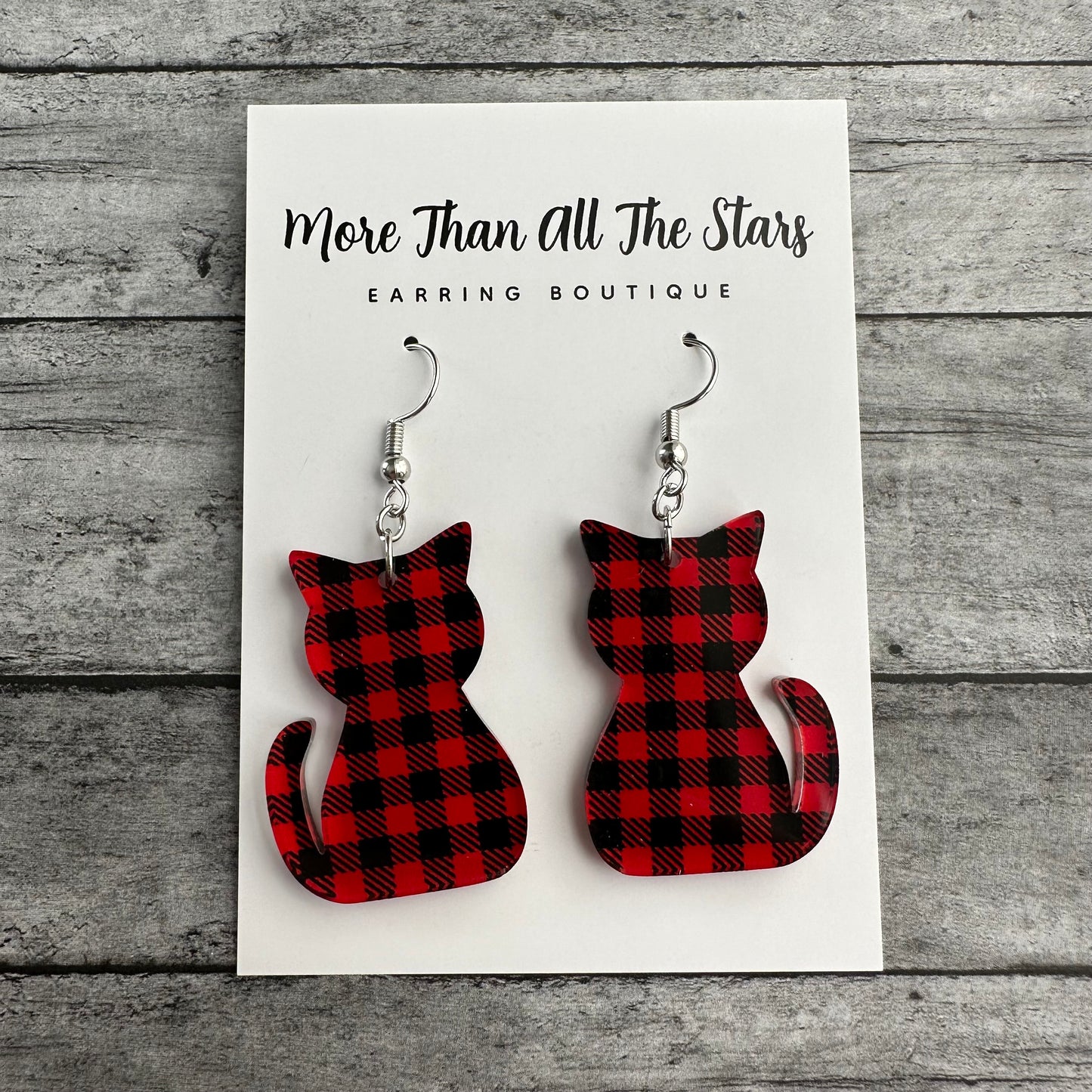 Black and Red Plaid Kitty Earrings