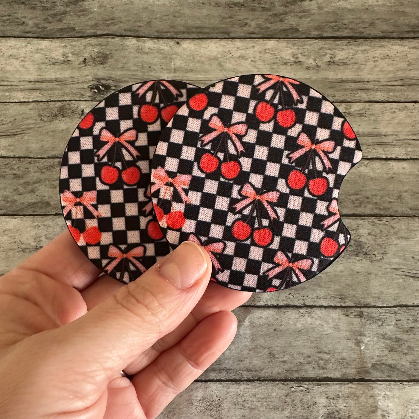 Checkered Cherry Neoprene Car Coaster