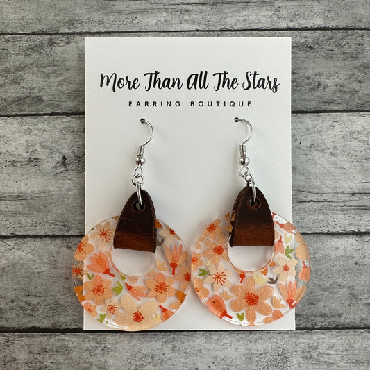 Orange Floral Acrylic and Leather Earrings