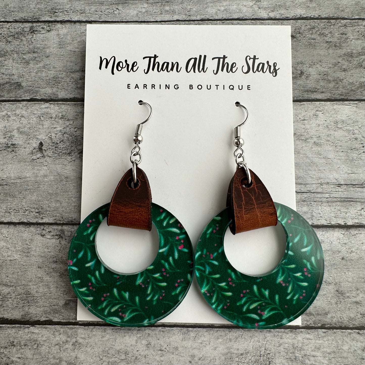 Holly Berry Acrylic and Leather Earrings