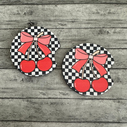 Checkered Cherry Neoprene Car Coaster