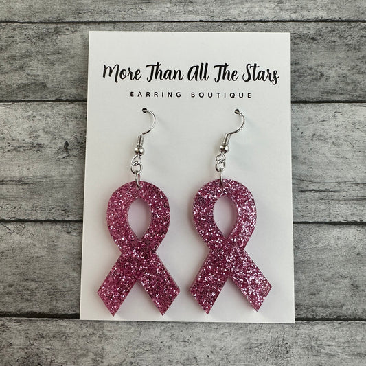 Glitter Breast Cancer Awareness Ribbon Earrings