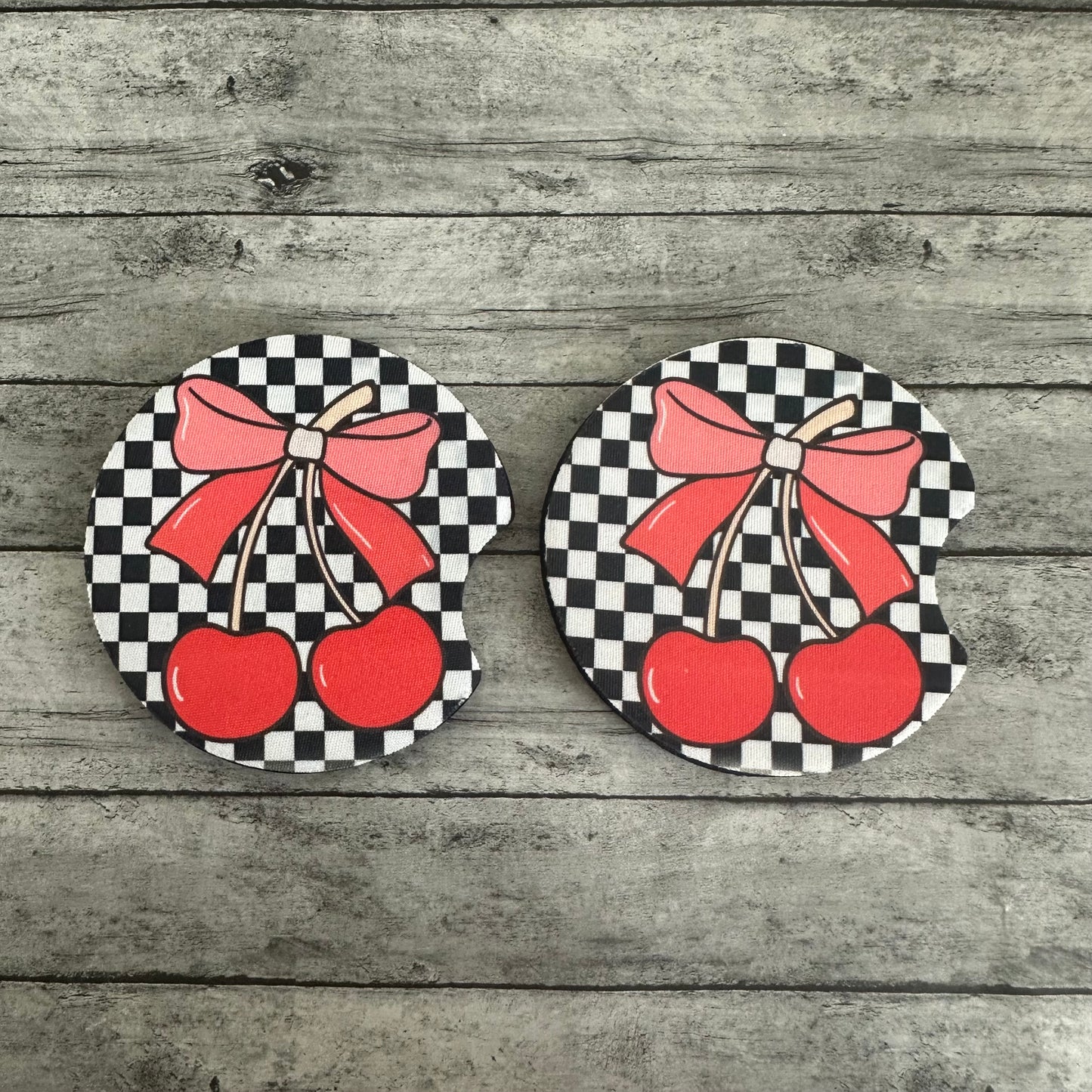 Checkered Cherry Neoprene Car Coaster