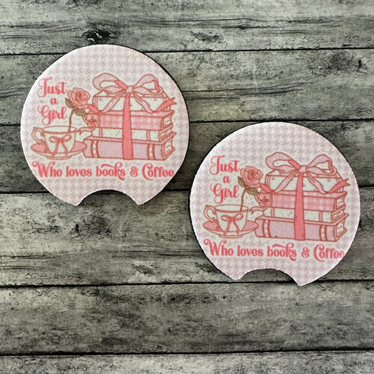 Just A Girl Who Loved Books & Coffee Neoprene Car Coaster