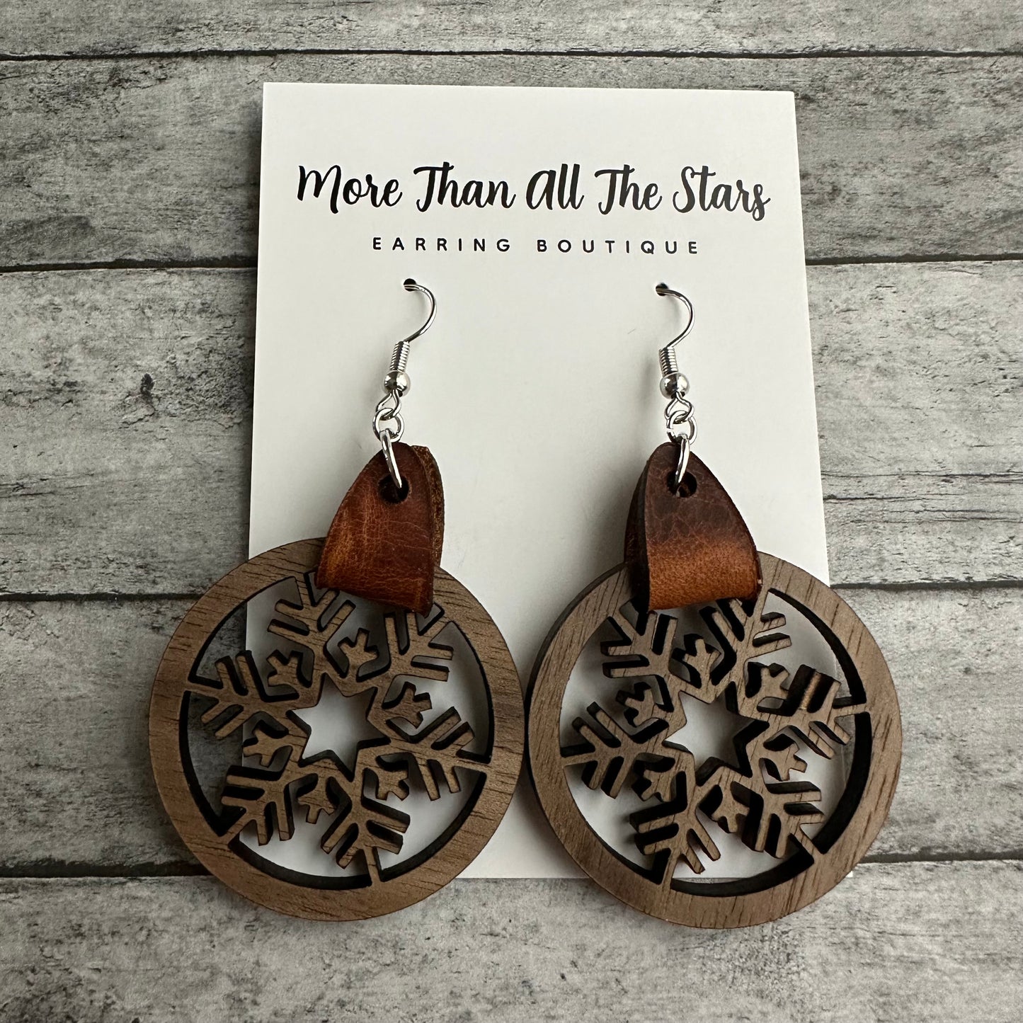 Snowflake Wood and Leather Earrings