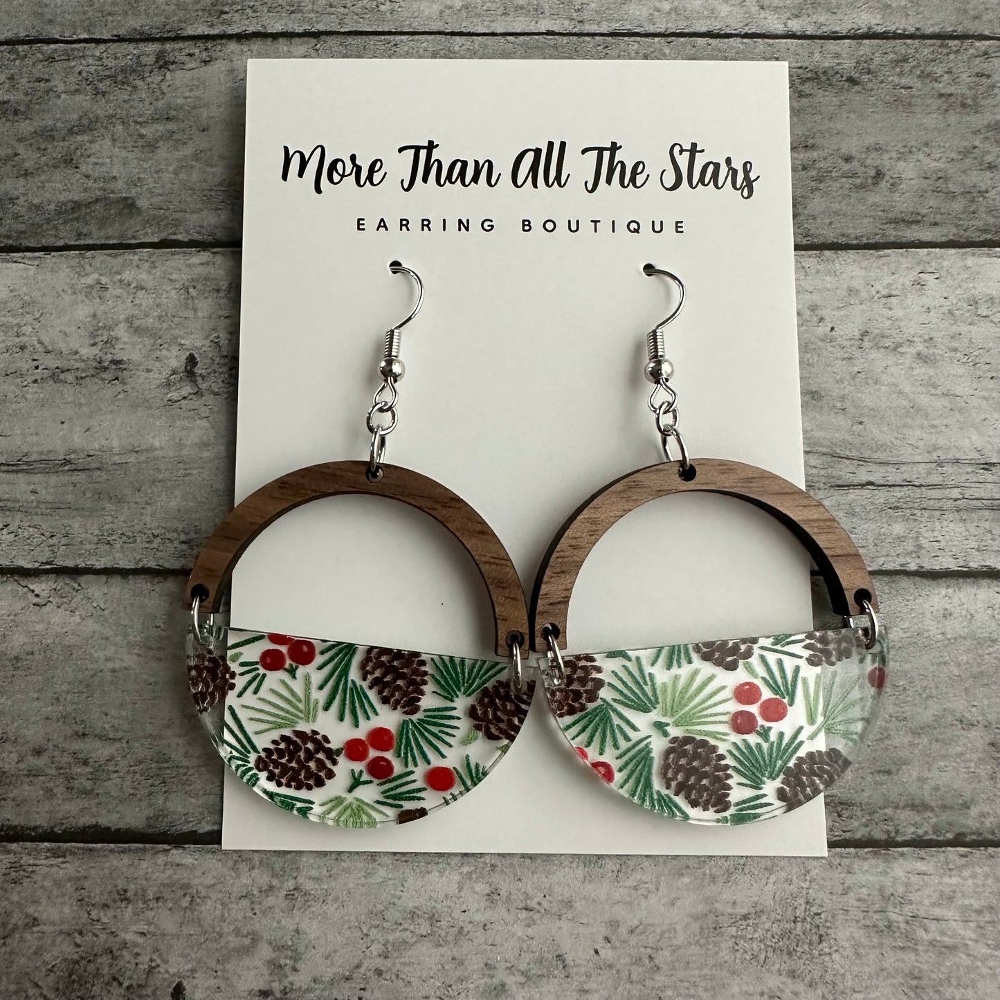 Pinecone Holly Berry Half Circle Earrings