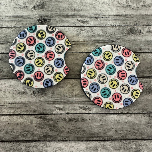 Pastel Smiley Neoprene Car Coaster