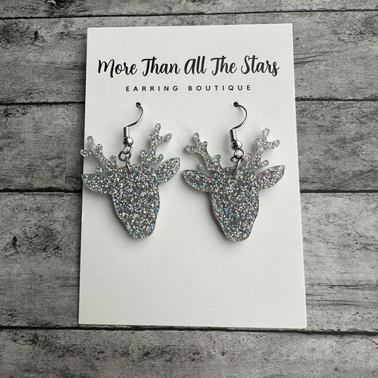 Silver Glitter Reindeer Earrings