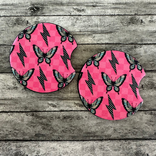 Pink Butterfly Neoprene Car Coaster