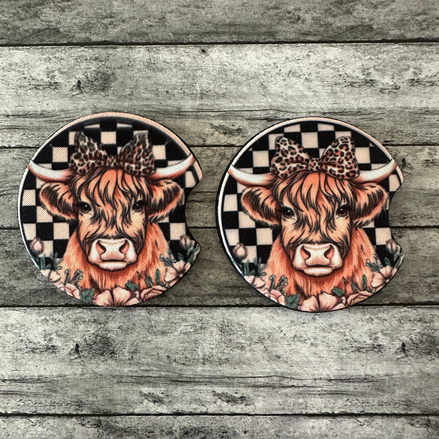 Leopard Bow Highland Cow Neoprene Car Coaster