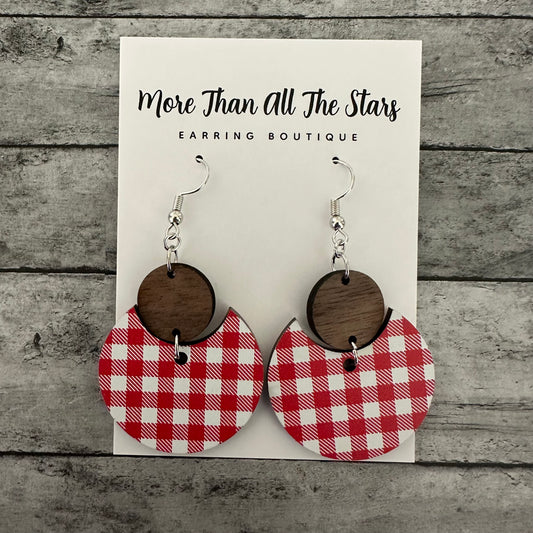 Red Plaid Crescent Circle Earrings