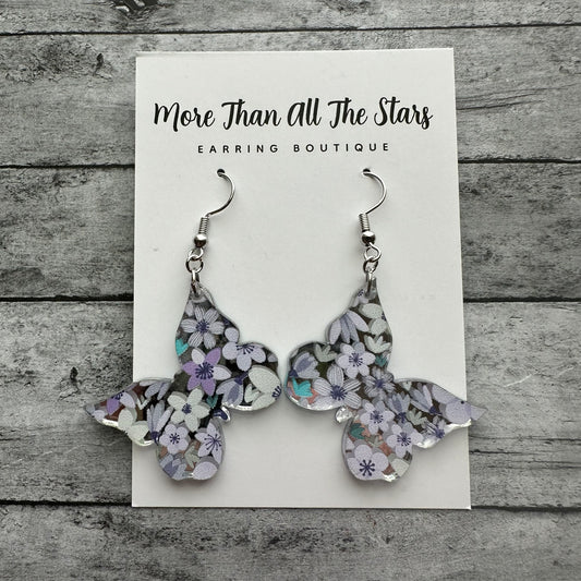 Purple Spring Floral Butterfly Earrings