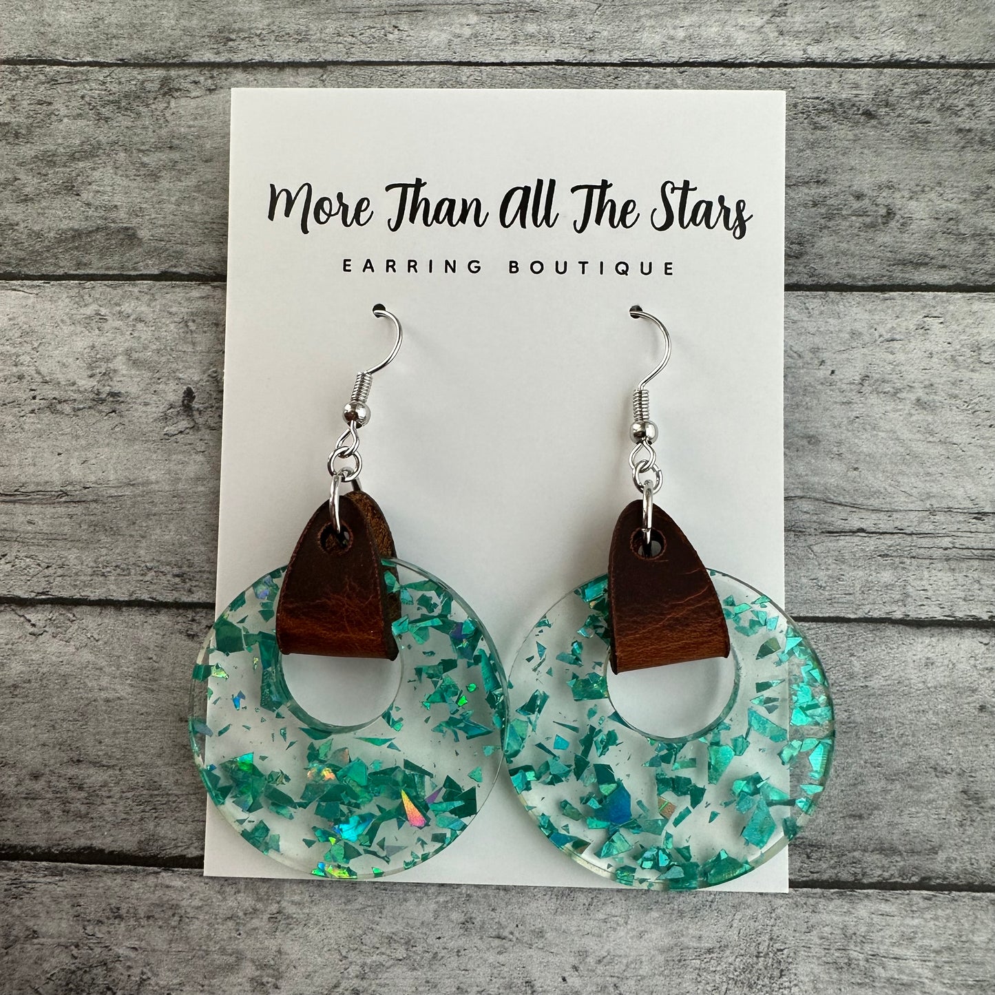 Teal Confetti Acrylic and Leather Earrings