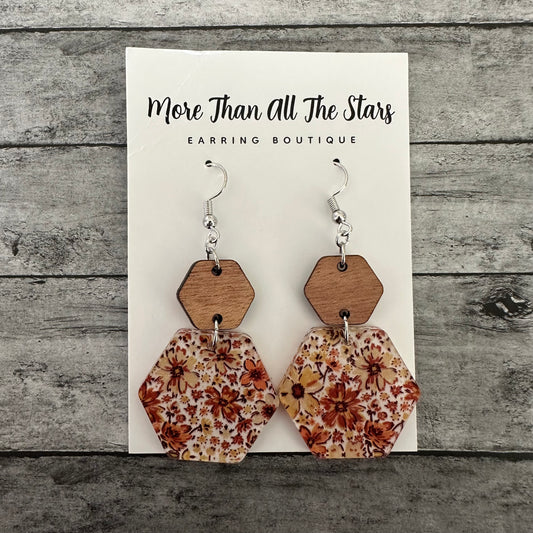 Orange Floral Hexagon Earrings