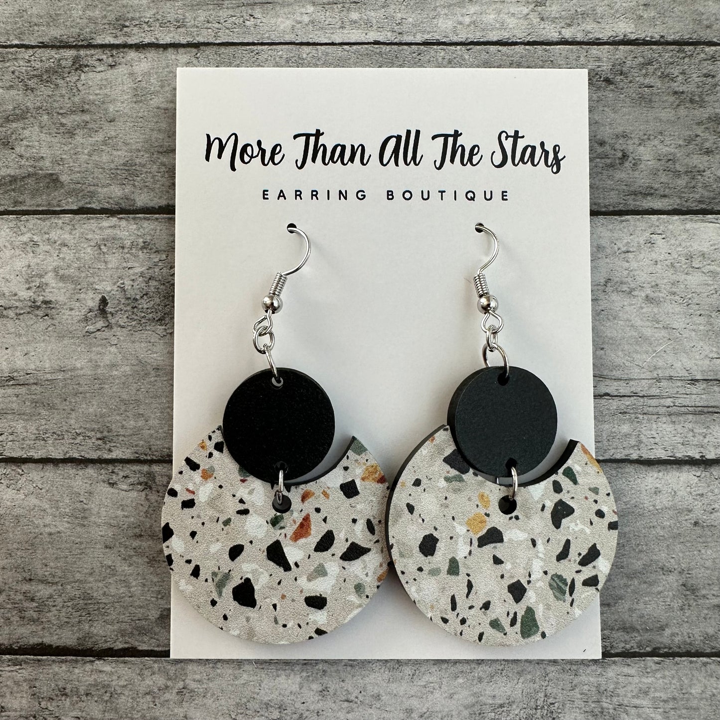 Grey Terrazzo Crescent Circle Earrings