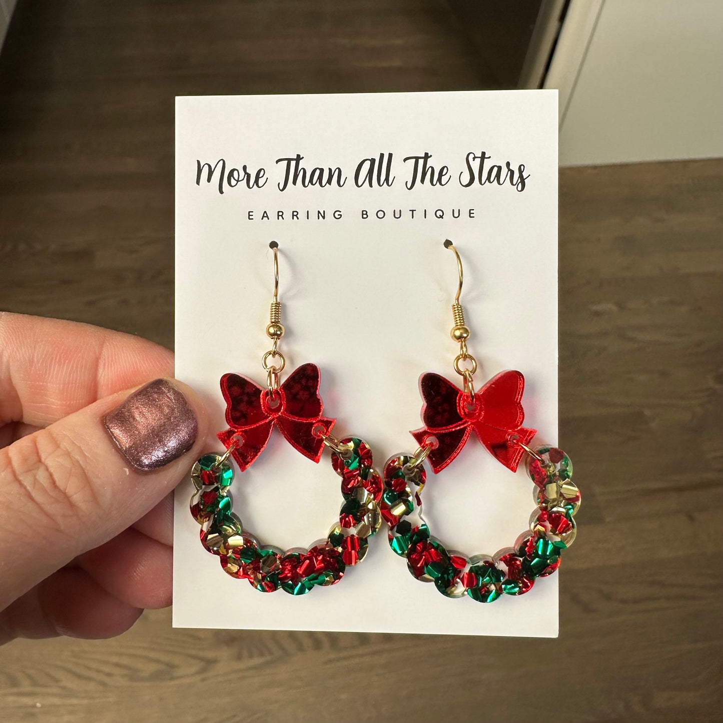 Gold, Red and Green Wreath Earrings