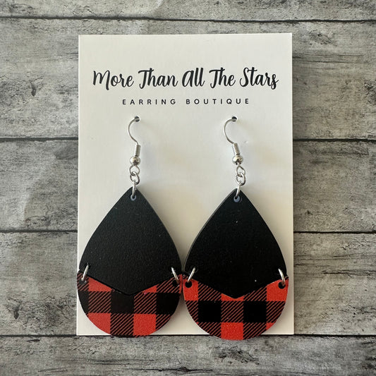 Orange and Black Plaid Split Teardrop Earrings