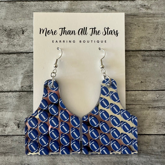 Blue and Silver Football Cow Tag Earrings