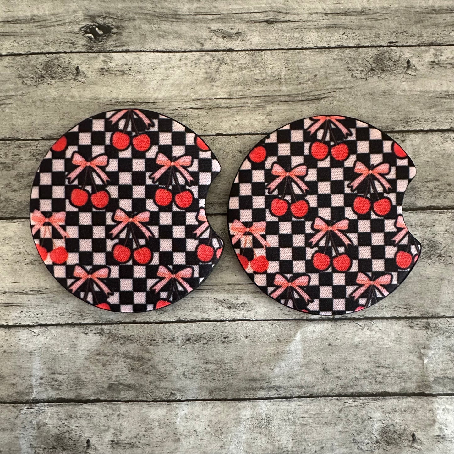 Checkered Cherry Neoprene Car Coaster