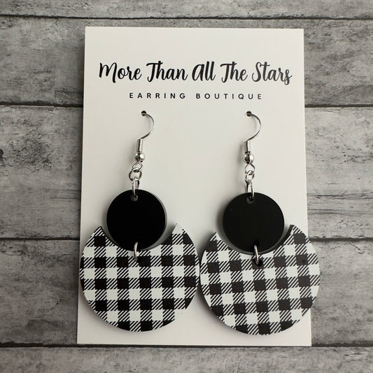 Black and White Plaid Crescent Circle Earrings