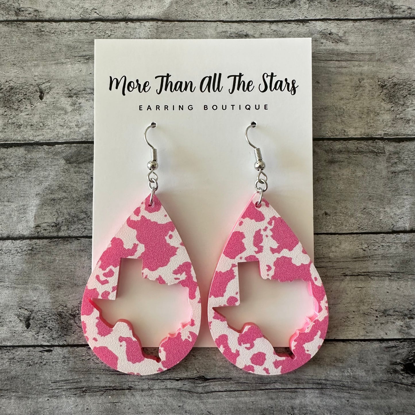 Pink Cow Spot Texas Cutout Earrings