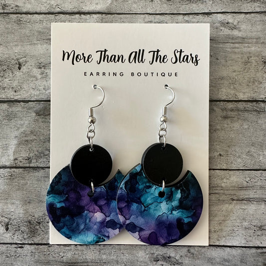 Purple and Teal Crescent Circle Earrings