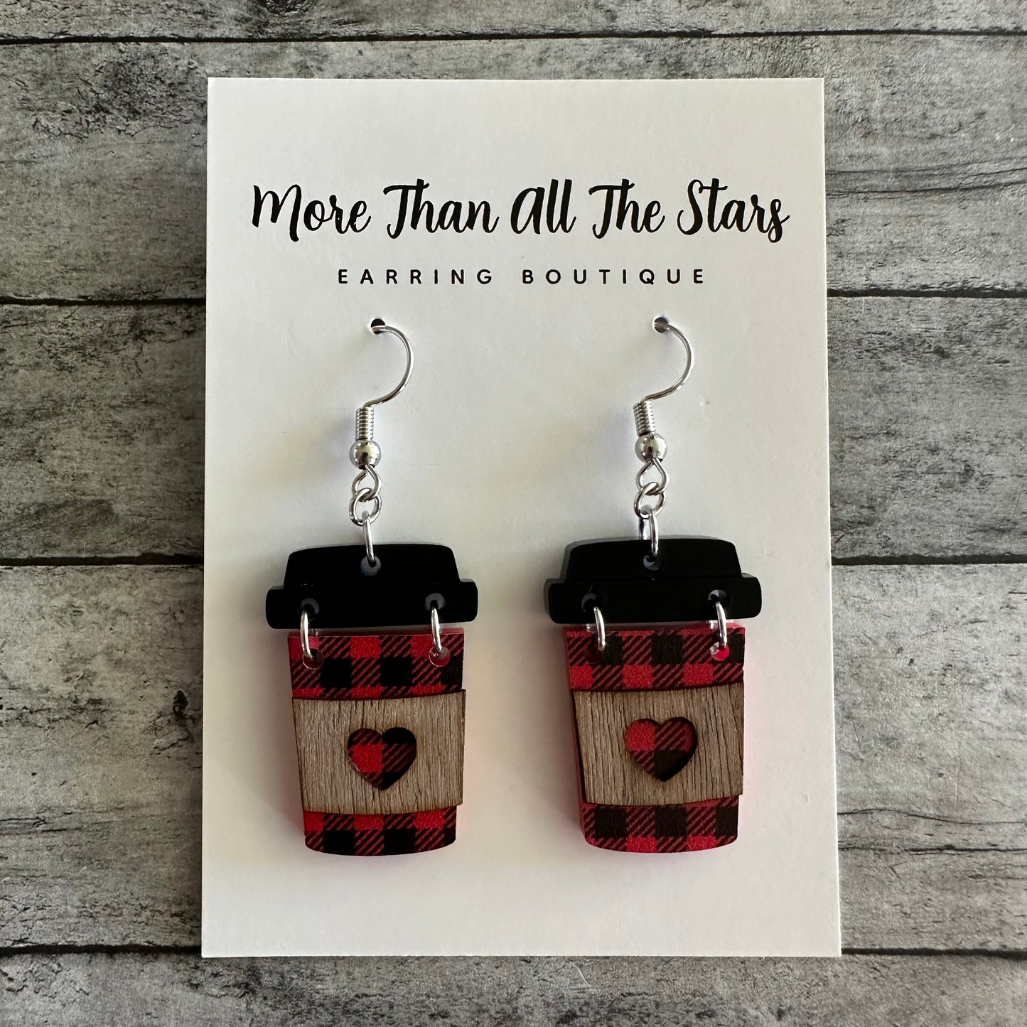 Mini Black and Red Plaid Coffee Earrings