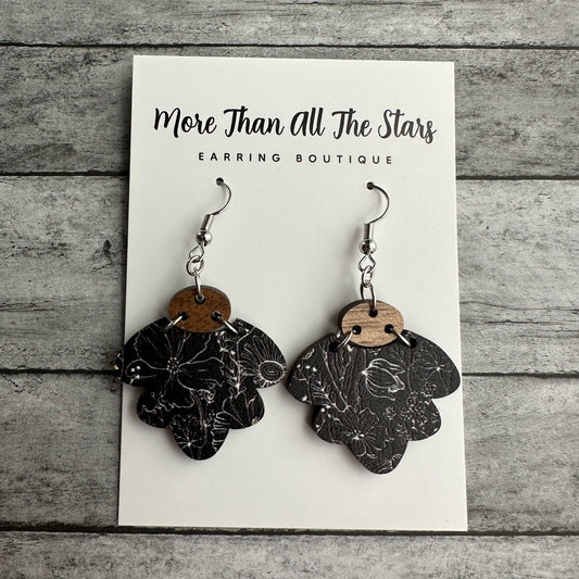 Black Floral Ruffle Teardrop Small Earrings