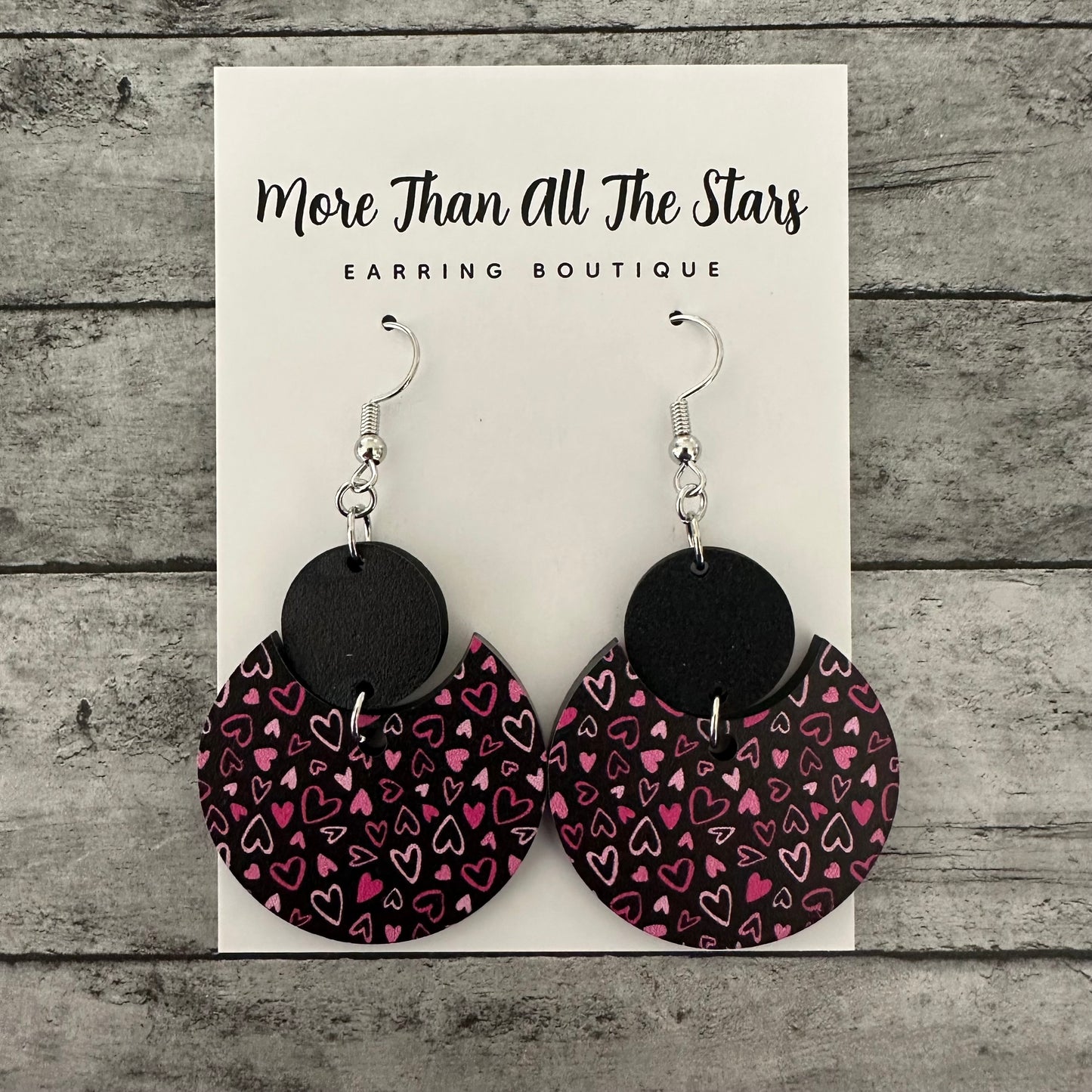 Black and Pink Hearts Crescent Circle Earrings