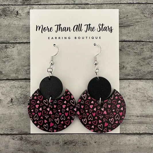 Black and Pink Hearts Crescent Circle Earrings