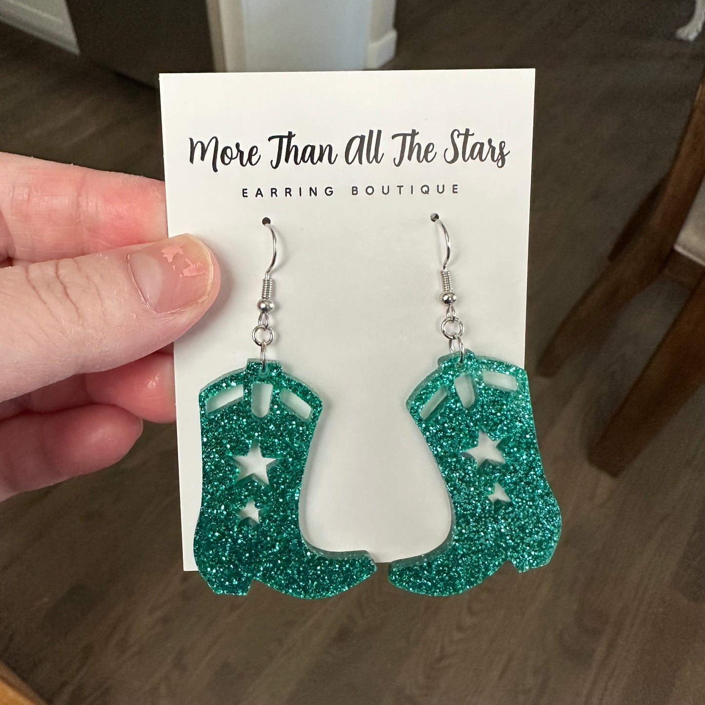 Teal Glitter Cowboy Boot Earrings