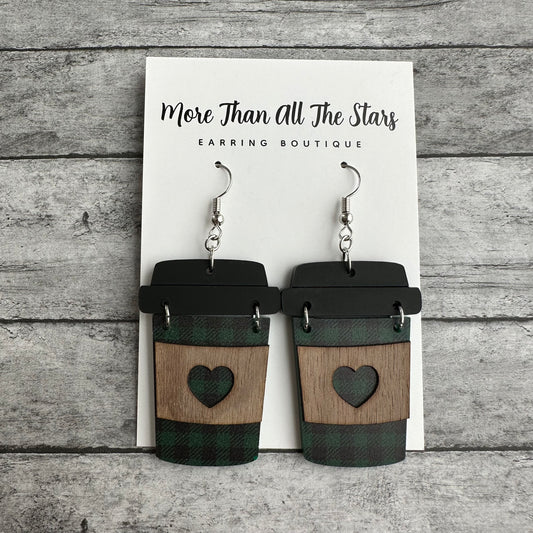 Black and Green Plaid Coffee Cup Earrings