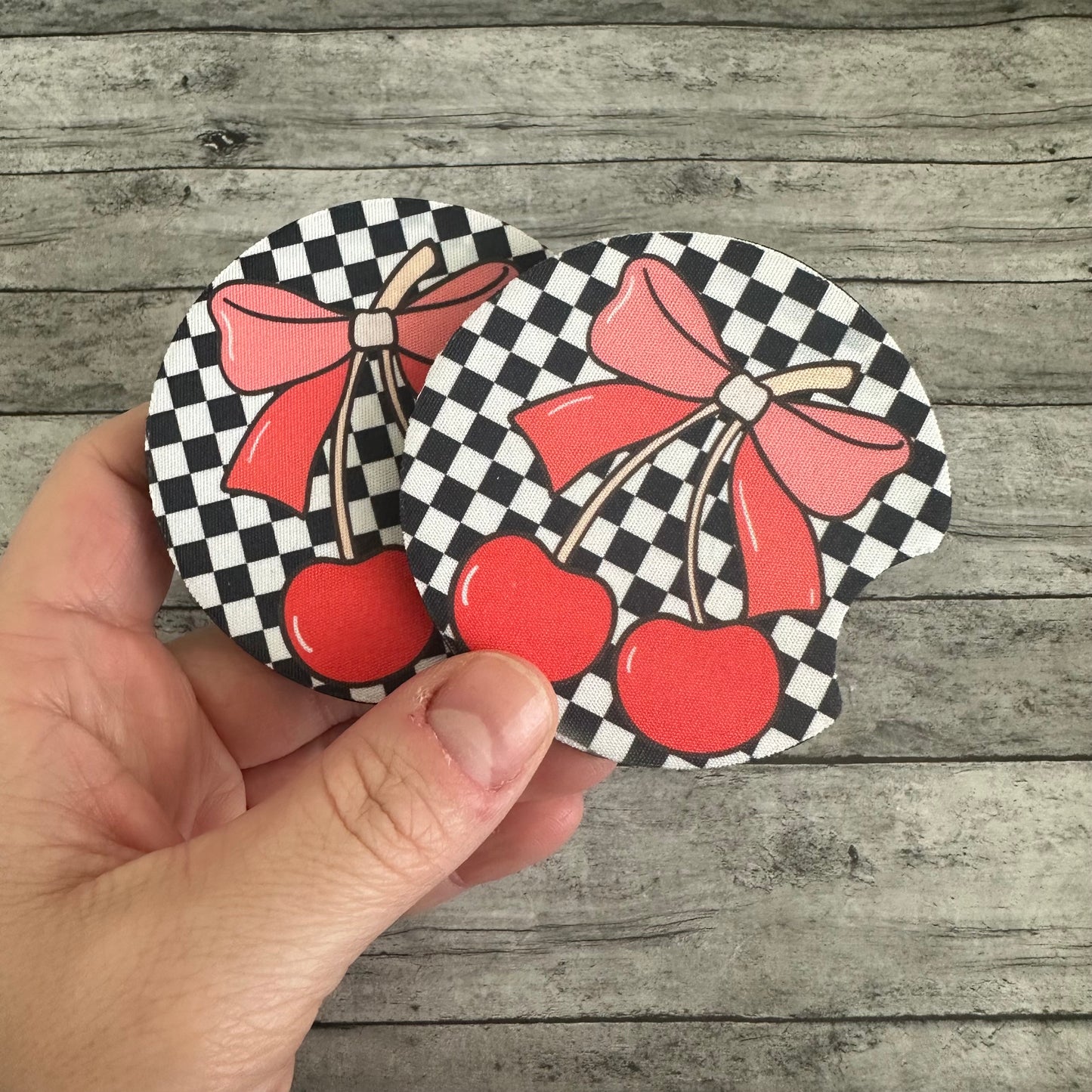 Checkered Cherry Neoprene Car Coaster