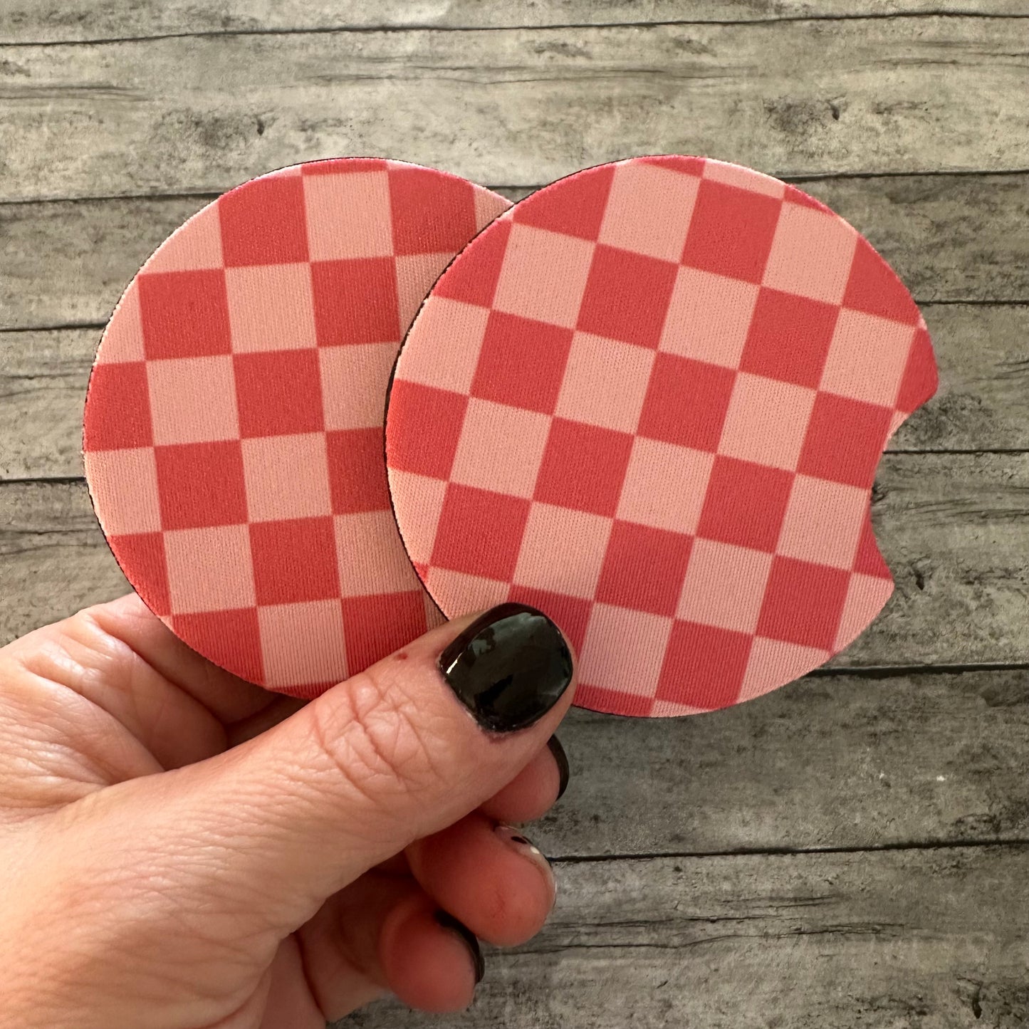 Pink Checkered Neoprene Car Coaster