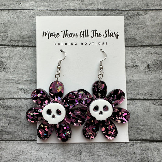 Purple Confetti Flower Skull Earrings