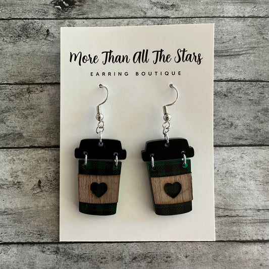 Mini Black and Green Plaid Coffee Earrings