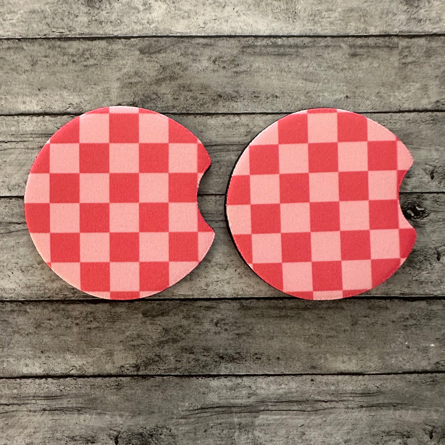 Pink Checkered Neoprene Car Coaster